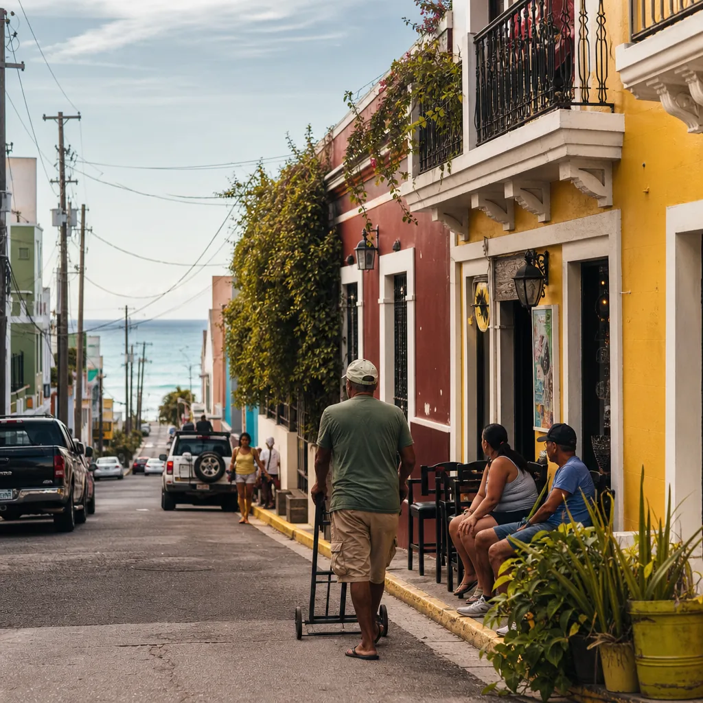 Realistic editorial photo of Puerto Rico travel scene showing english everywhere outside tourist zones, colorful streets