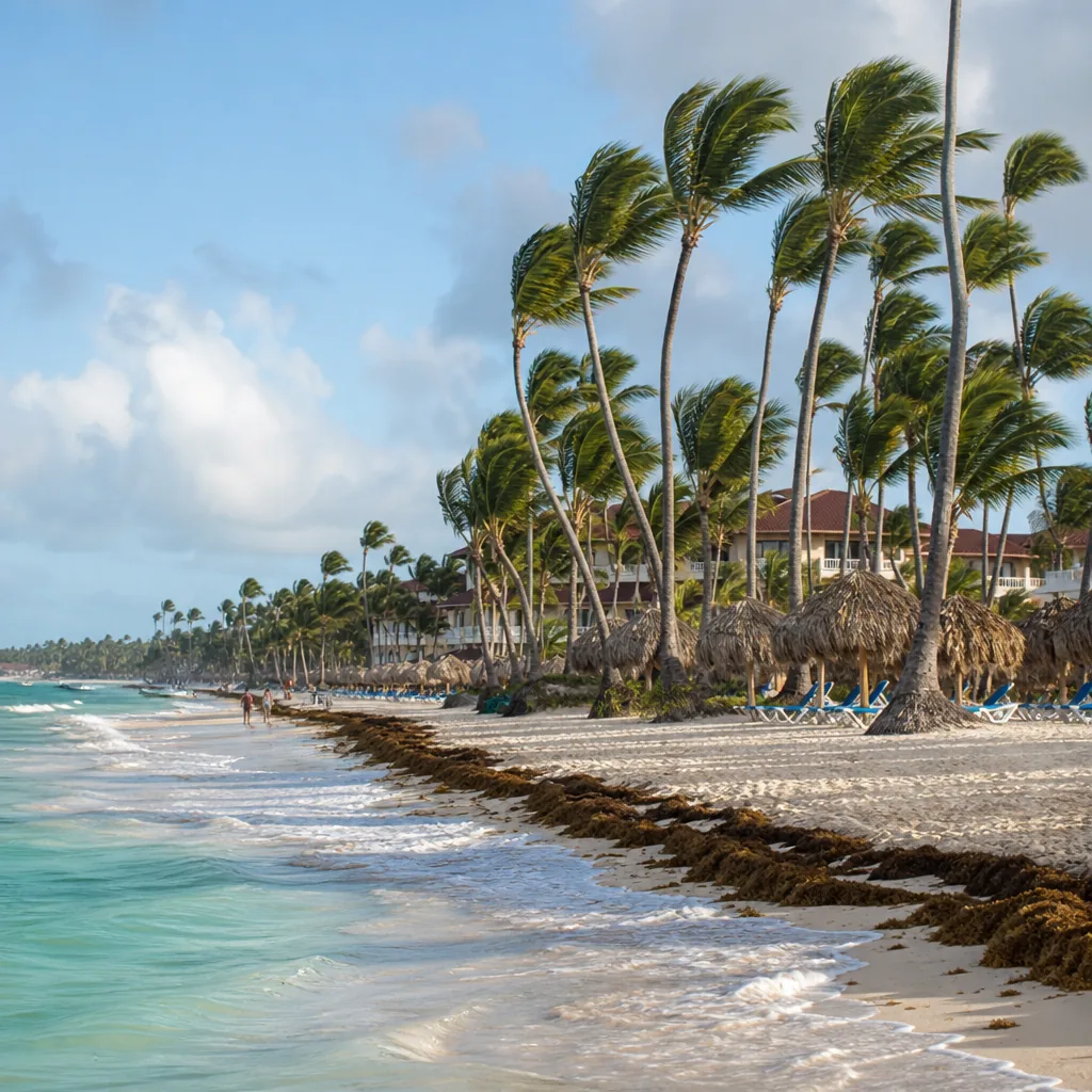 Realistic editorial photo of Punta Cana all-inclusive resort scene showing wrong side for wind and waves, palms and reso