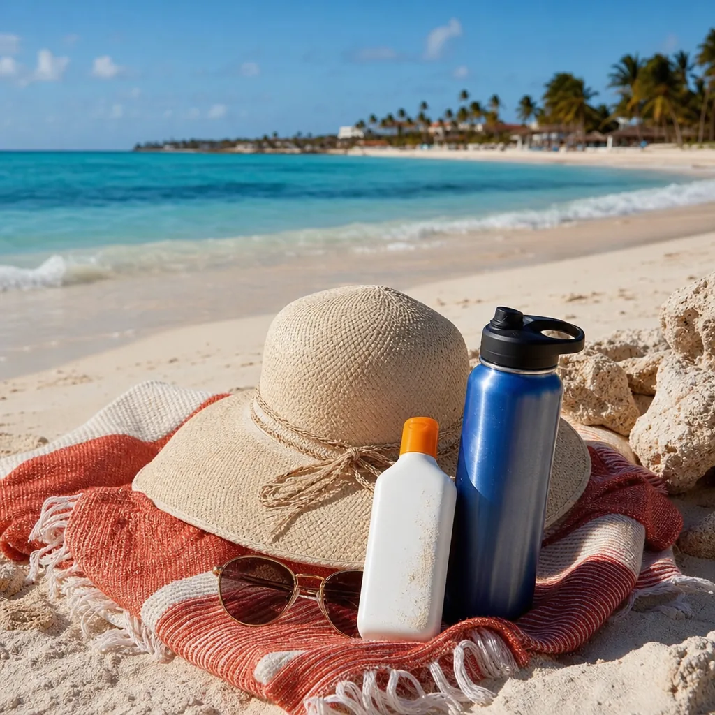 Realistic editorial photo of Aruba beach scene showing reef-safe sun protection, dry island light and turquoise water, w