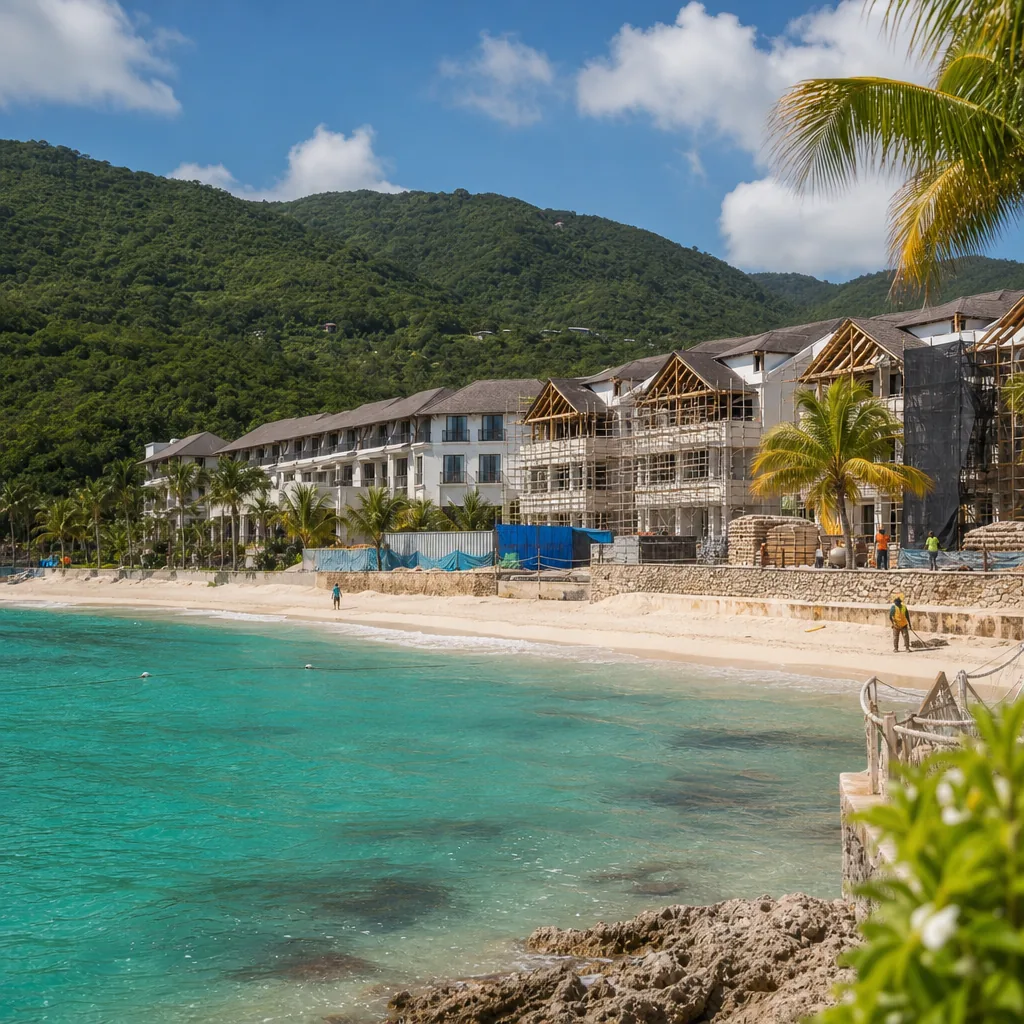 Realistic editorial photo of Jamaica all-inclusive resort scene showing resort under renovation, beach and tropical hill