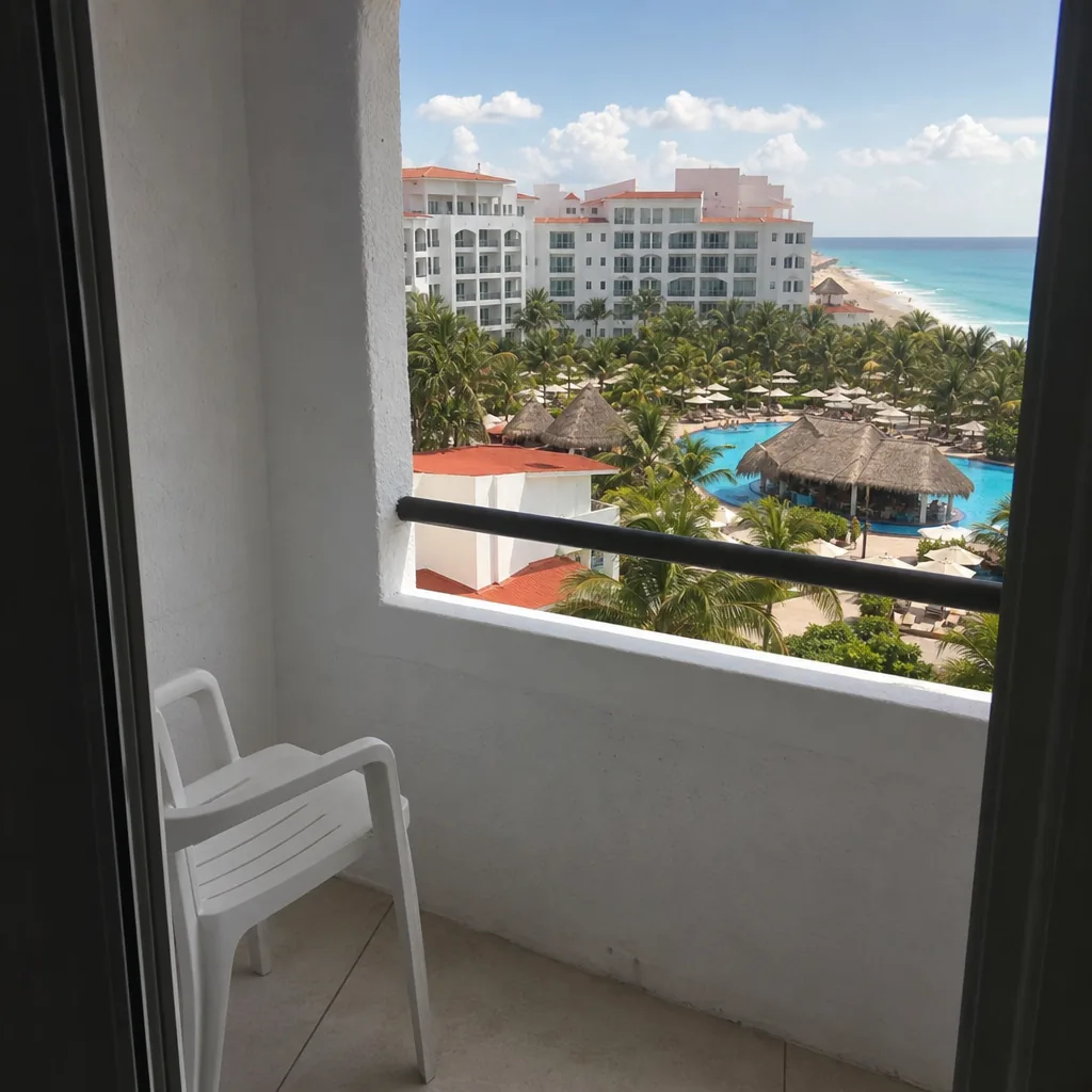 Realistic editorial photo of Mexico resort scene showing cheapest room at a huge resort, beach resort setting, warm natu