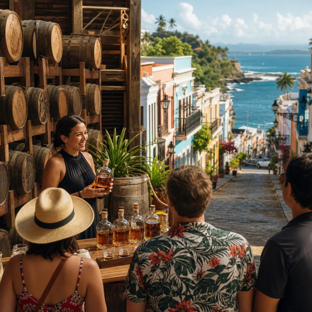 Realistic editorial photo of Puerto Rico travel scene showing generic rum tours, colorful streets and coastline, warm na