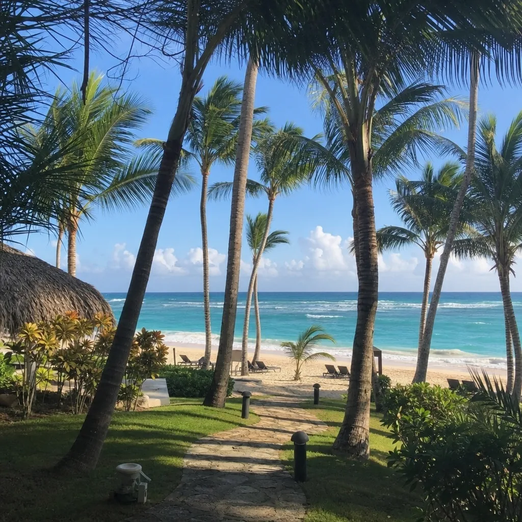 Realistic editorial photo of Punta Cana all-inclusive resort scene showing ocean view through palm trees, palms and reso