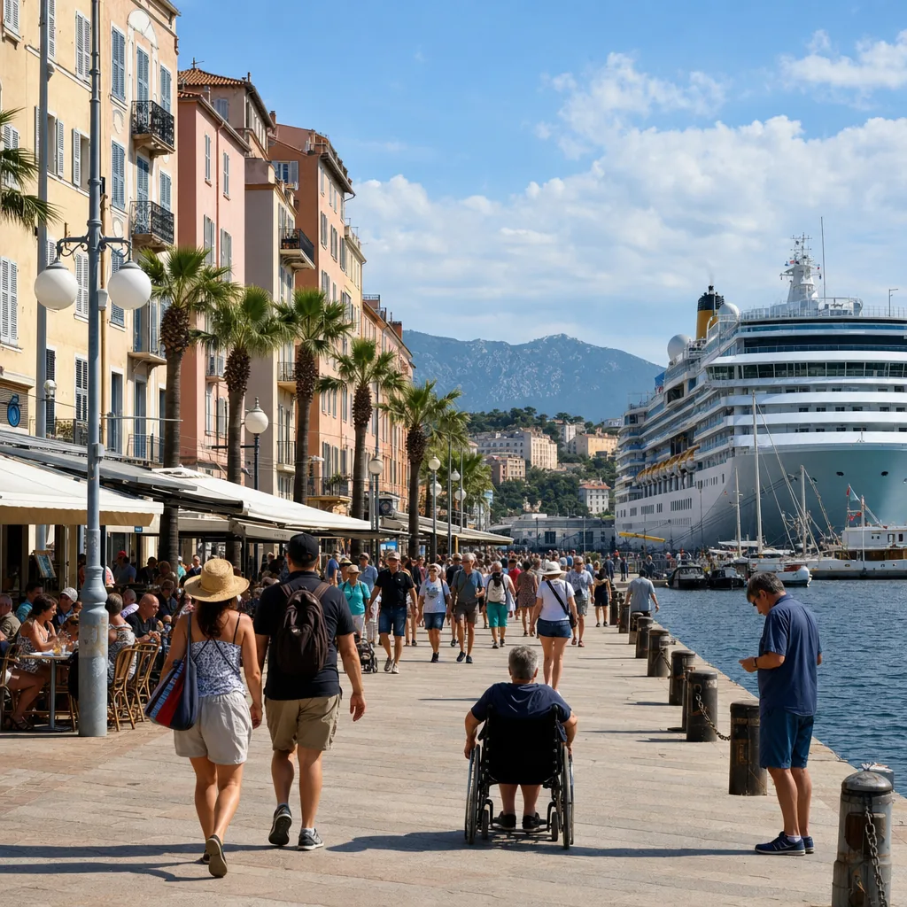 Realistic editorial photo of Ajaccio, Corsica cruise port waterfront with visitors, local streets, and ship-day energy, 