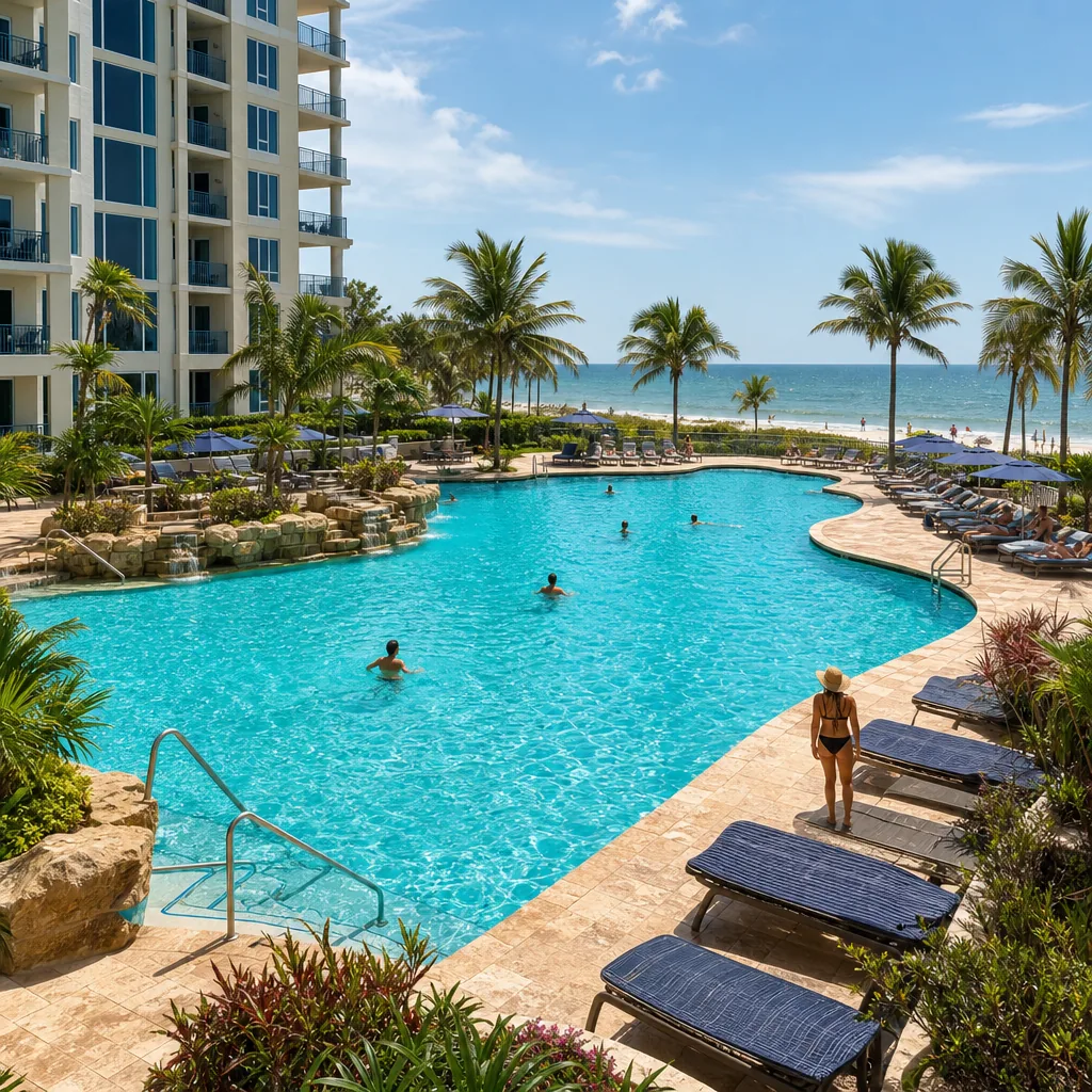 Realistic editorial photo of Florida beach vacation scene showing pool size at condo resorts, bright coastal setting, wa