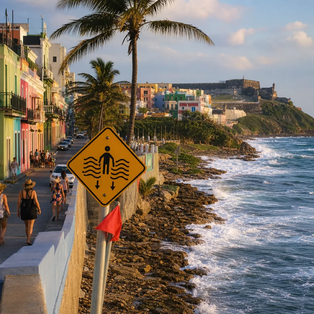 Realistic editorial photo of Puerto Rico travel scene showing surf and rip current warnings, colorful streets and coastl