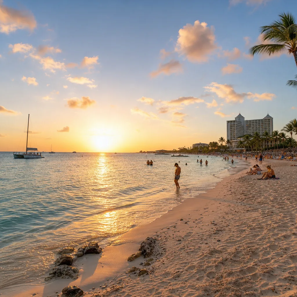 Realistic editorial photo of Aruba beach scene showing sunset extras you can see for free, dry island light and turquois