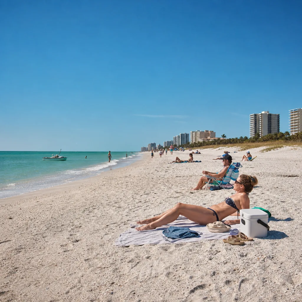 Realistic editorial photo of Florida beach vacation scene showing place with no shade plan, bright coastal setting, warm