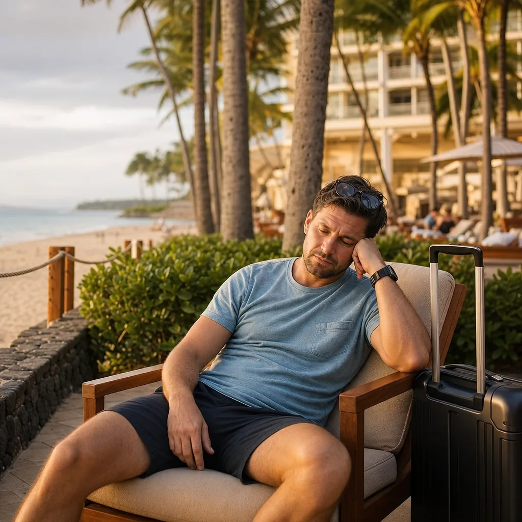 Realistic editorial photo of Hawaii resort scene showing jet lag on the first day, tropical beach setting, warm natural