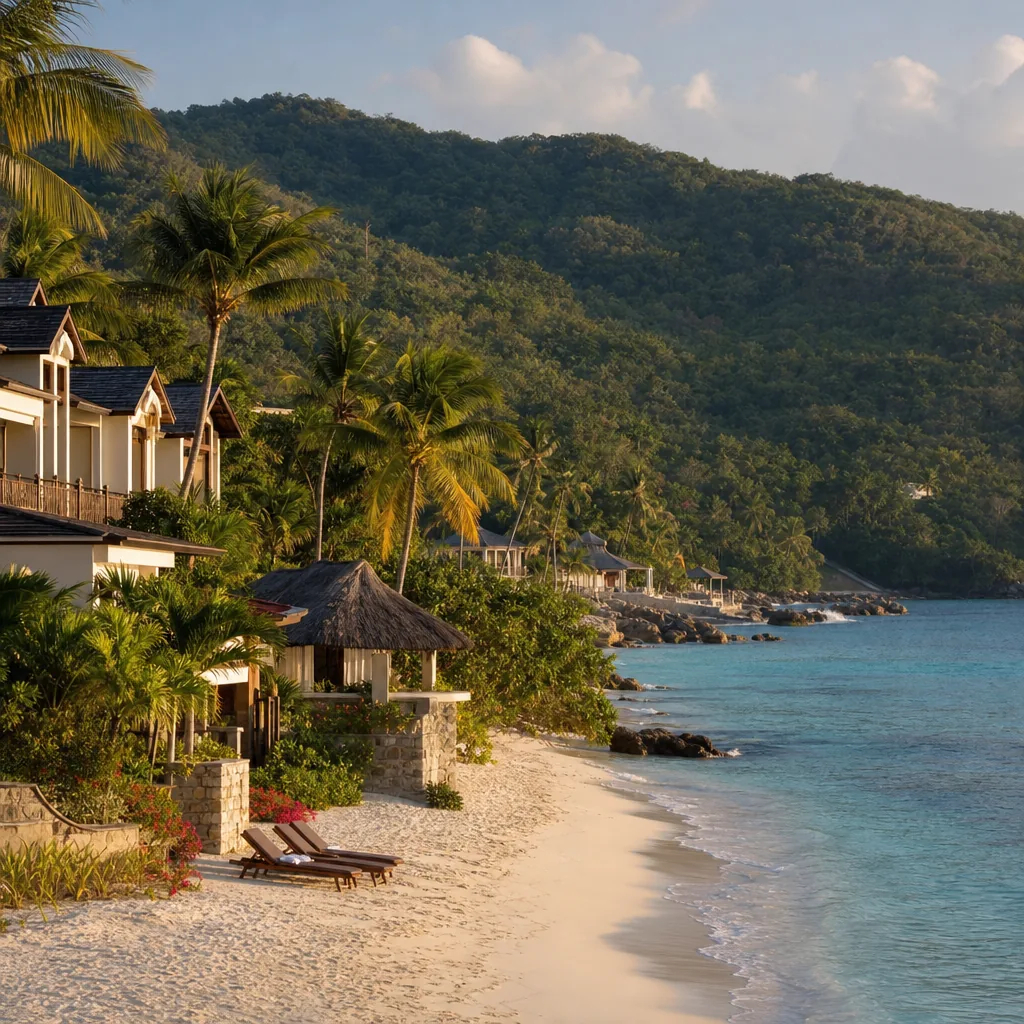 Realistic editorial photo of Jamaica all-inclusive resort scene showing remote resort without backup dining, beach and t