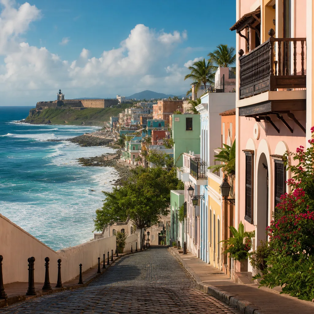 Realistic editorial photo of Puerto Rico travel scene showing too far east for a short weekend, colorful streets and coa