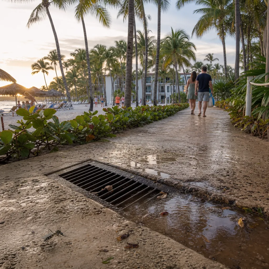 Realistic editorial photo of Punta Cana all-inclusive resort scene showing mosquito and drainage complaints, palms and r