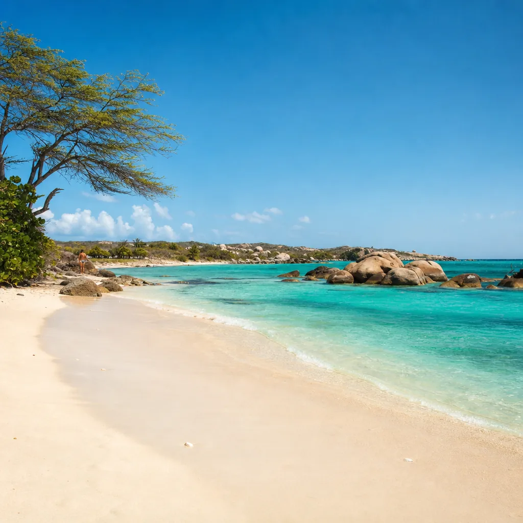 Realistic editorial photo of Aruba beach scene showing aruba to feel like jamaica or cancun, dry island light and turquo