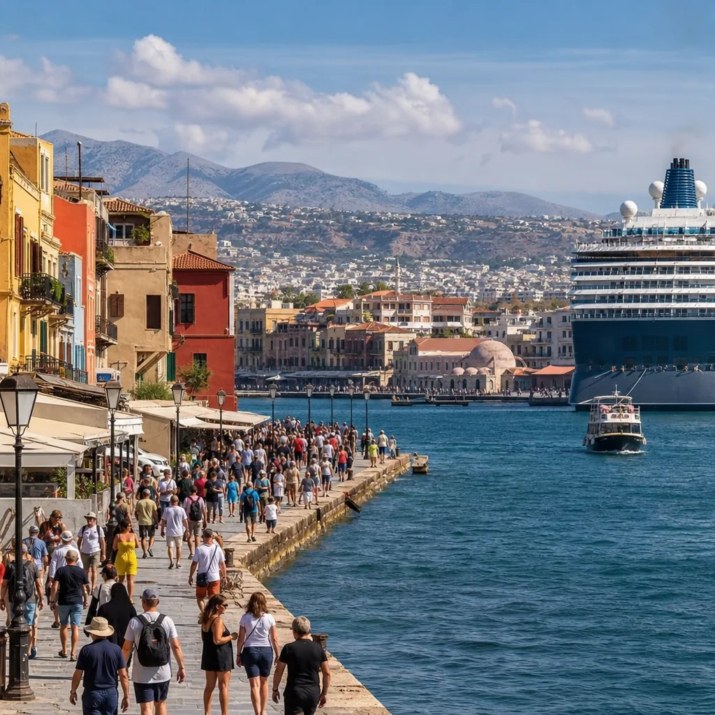 Realistic editorial photo of Chania, Crete cruise port waterfront with visitors, local streets, and ship-day energy, war