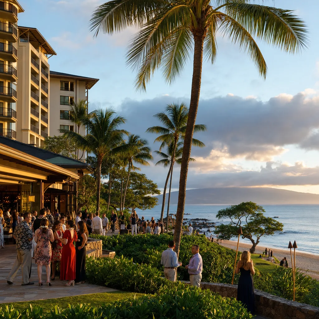 Realistic editorial photo of Hawaii resort scene showing honeymoon resort during conference weeks, tropical beach settin