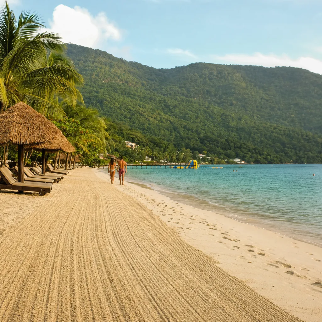 Realistic editorial photo of Jamaica all-inclusive resort scene showing how often the beach is raked, beach and tropical