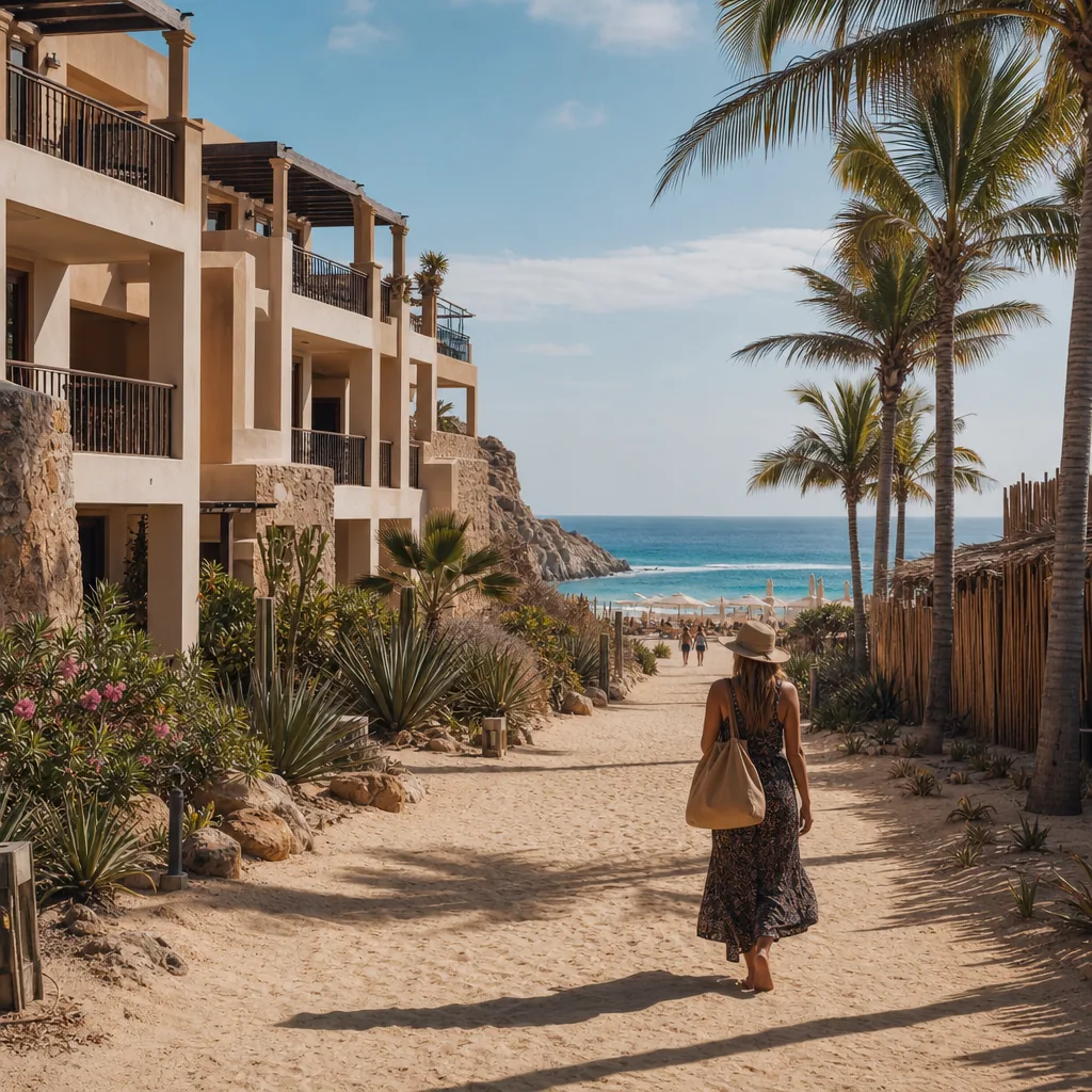 Realistic editorial photo of Mexico resort scene showing that beachfront can mean a long walk, beach resort setting, war