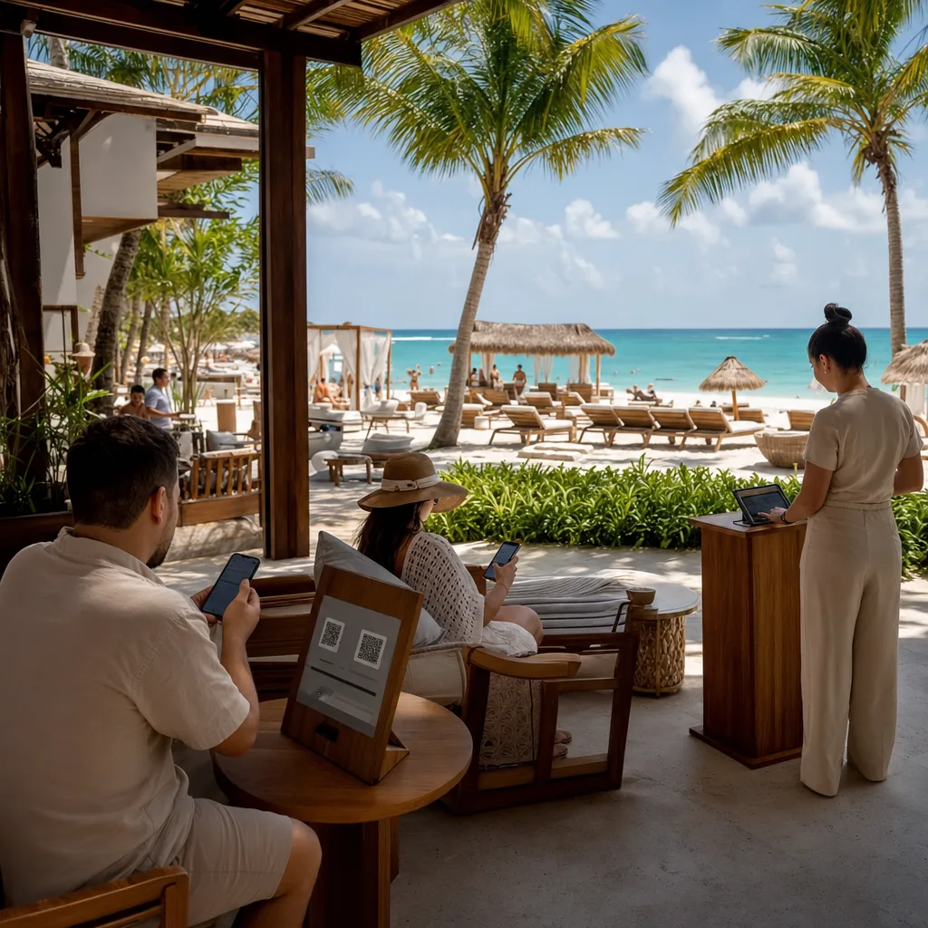 Realistic editorial photo of Punta Cana all-inclusive resort scene showing resort that requires constant app reservation