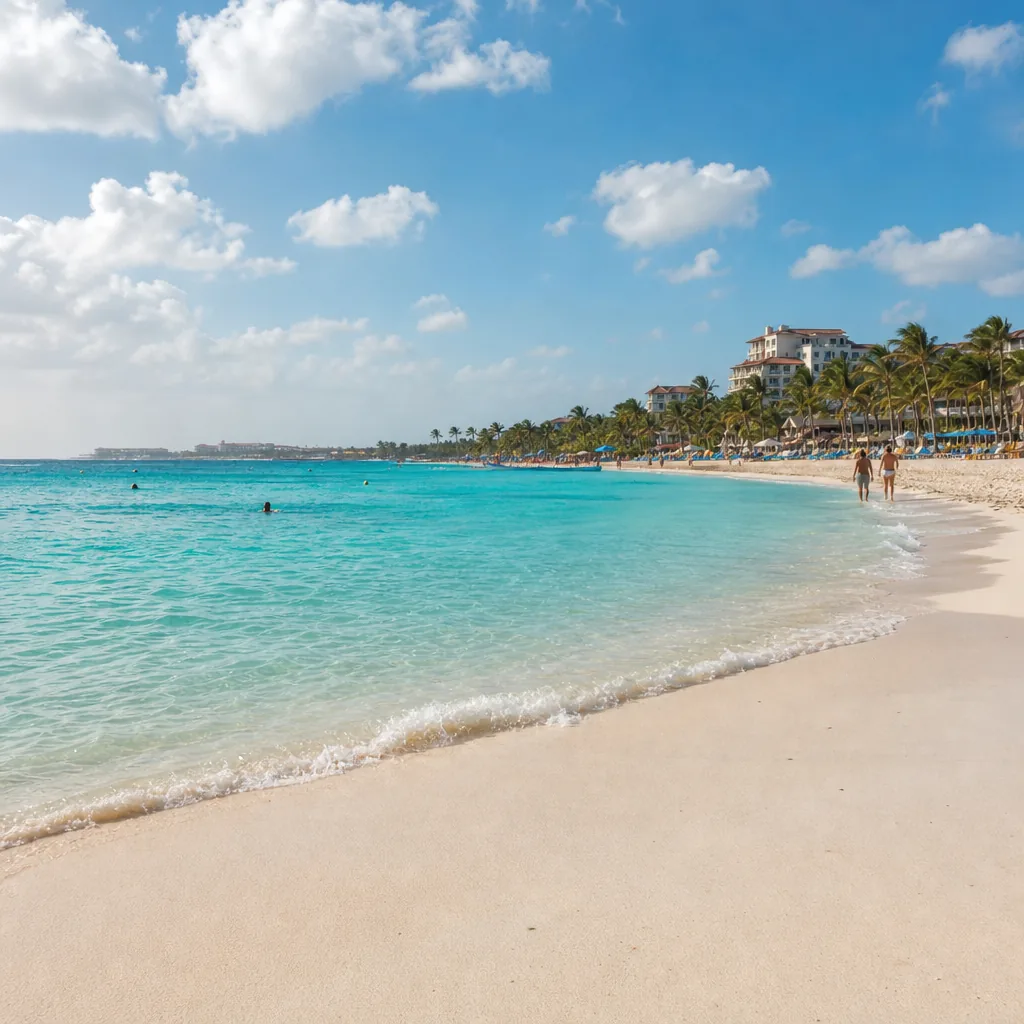 Realistic editorial photo of Aruba beach scene showing in one resort bubble all week, dry island light and turquoise wat