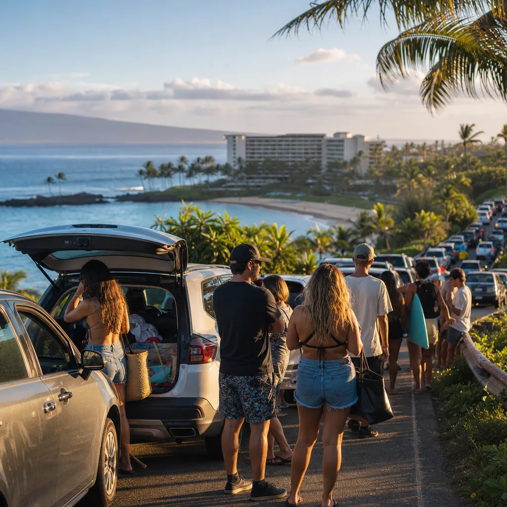 Realistic editorial photo of Hawaii resort scene showing chasing instagram beaches with no parking plan, tropical beach