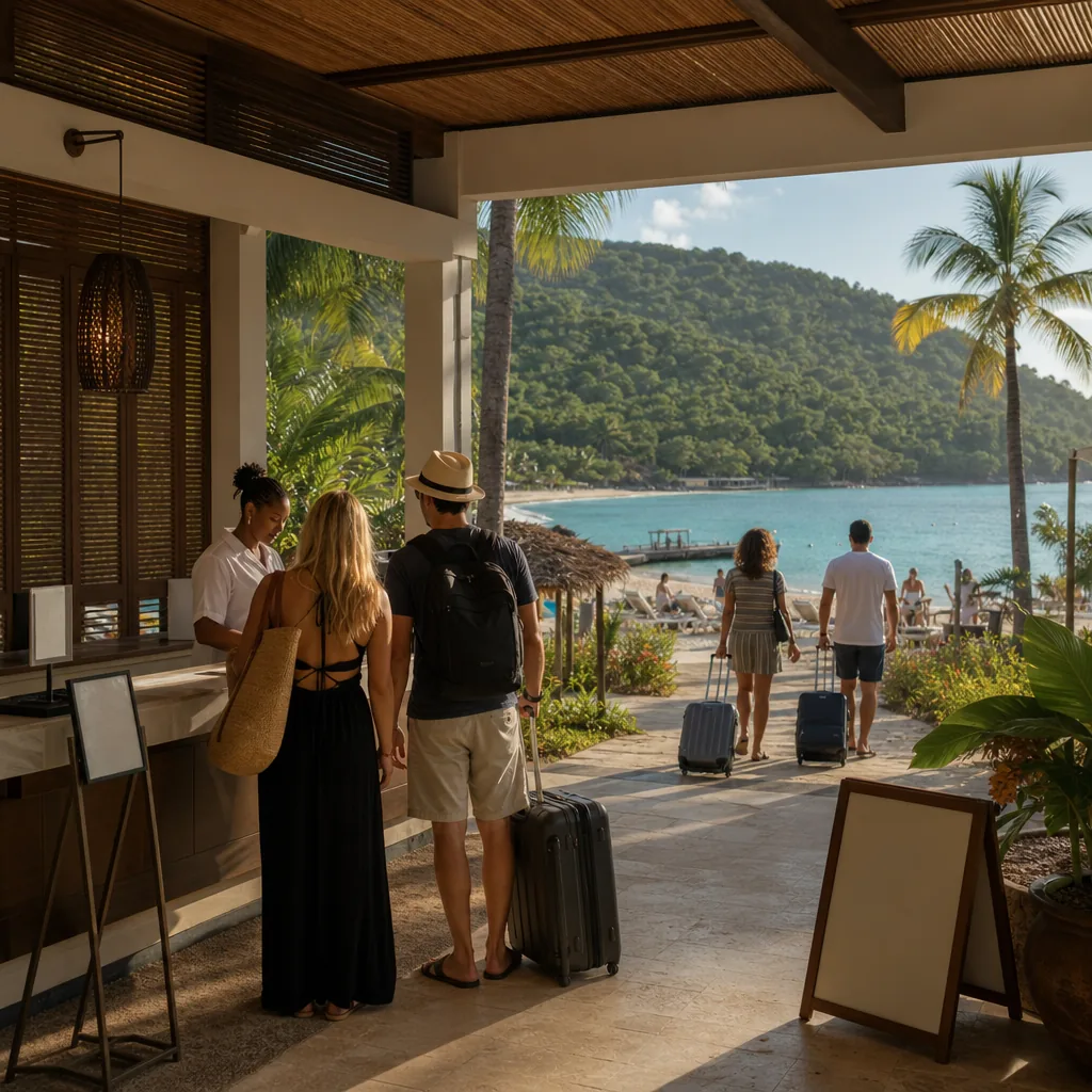 Realistic editorial photo of Jamaica all-inclusive resort scene showing resort that depends on reservations, beach and t