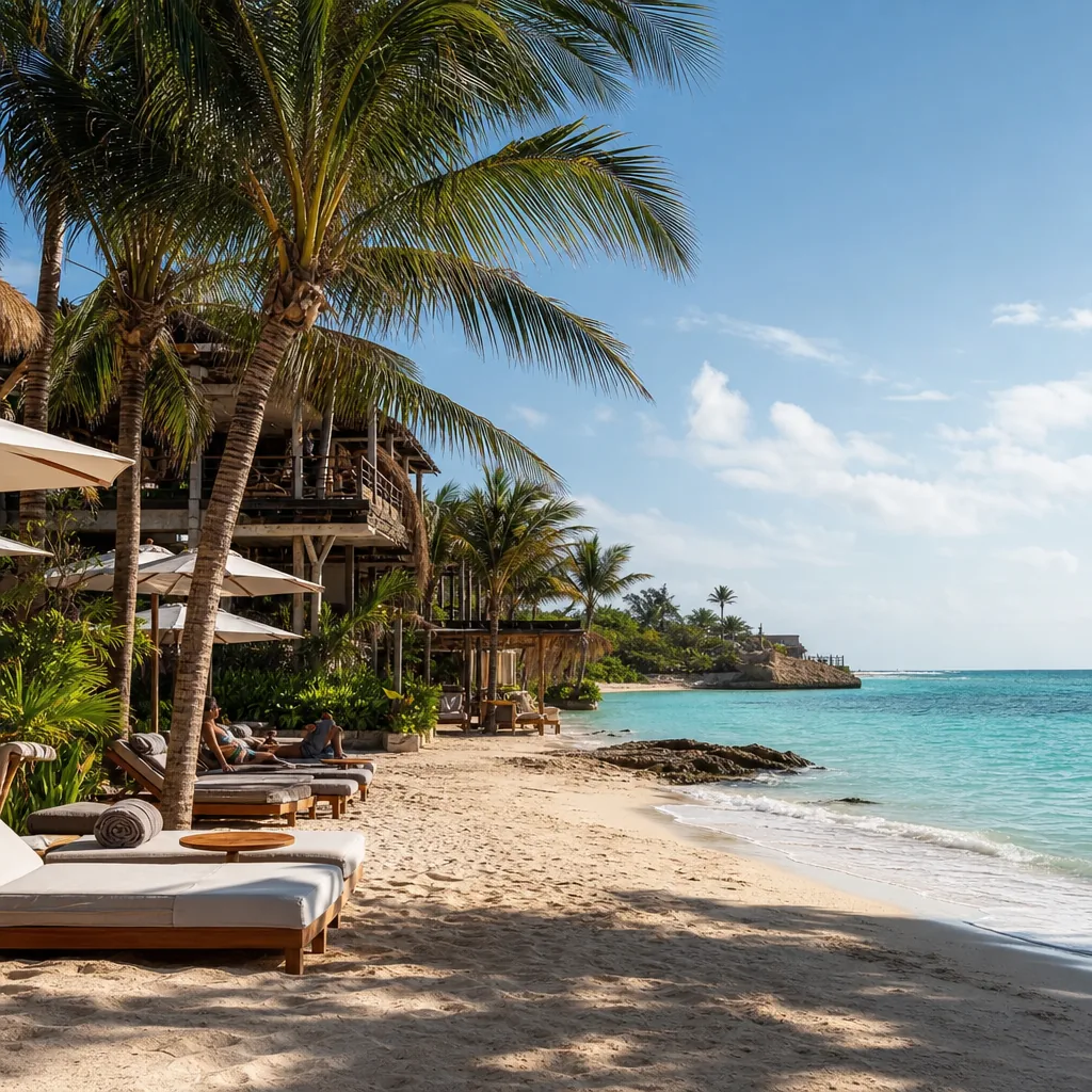 Realistic editorial photo of Mexico resort scene showing without reading recent food reviews, beach resort setting, warm
