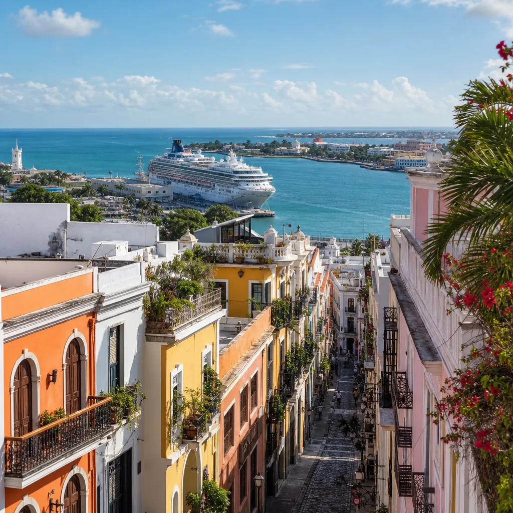 Realistic editorial photo of Puerto Rico travel scene showing puerto rico like a cruise stop, colorful streets and coast