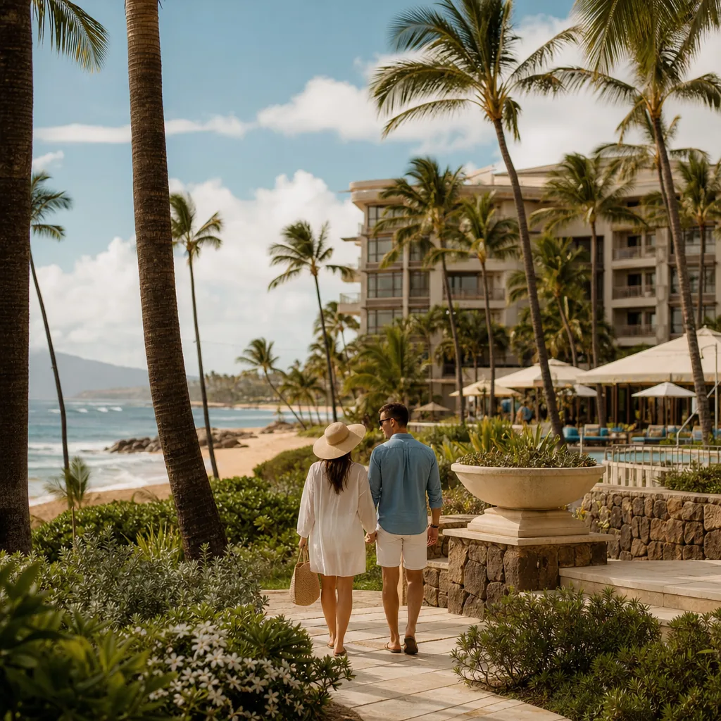 Realistic editorial photo of Hawaii resort scene showing hawaii like an all-inclusive destination, tropical beach settin