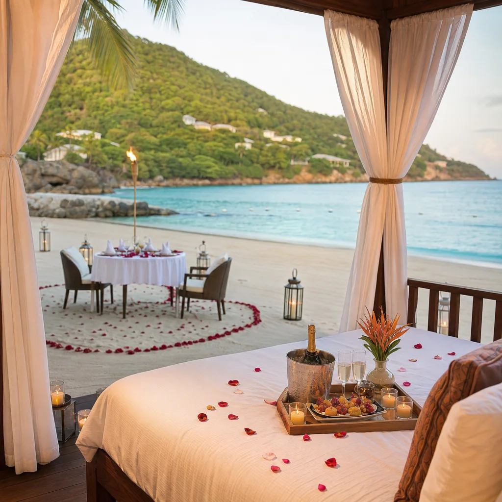 Realistic editorial photo of Jamaica all-inclusive resort scene showing romance packages instead of room quality, beach 