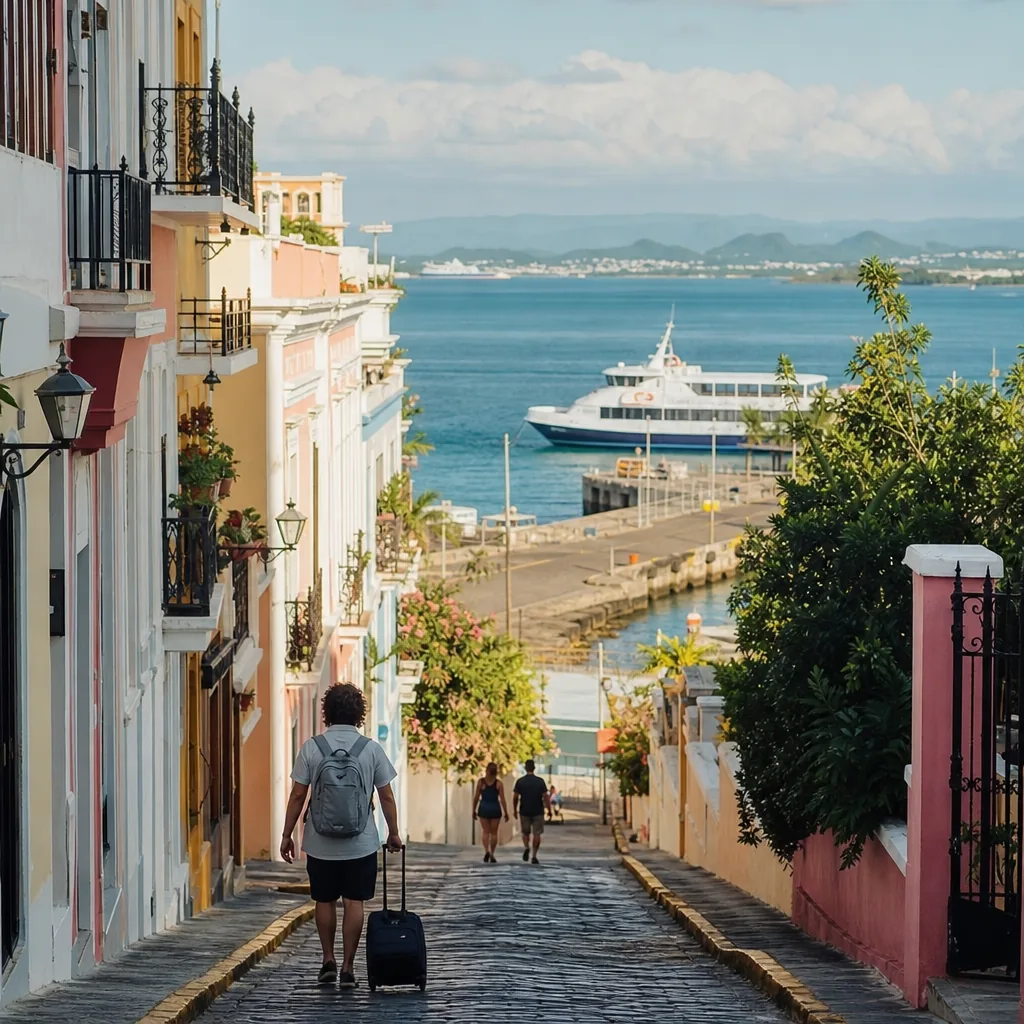 Realistic editorial photo of Puerto Rico travel scene showing it is easy to reach, not automatically easy, colorful stre