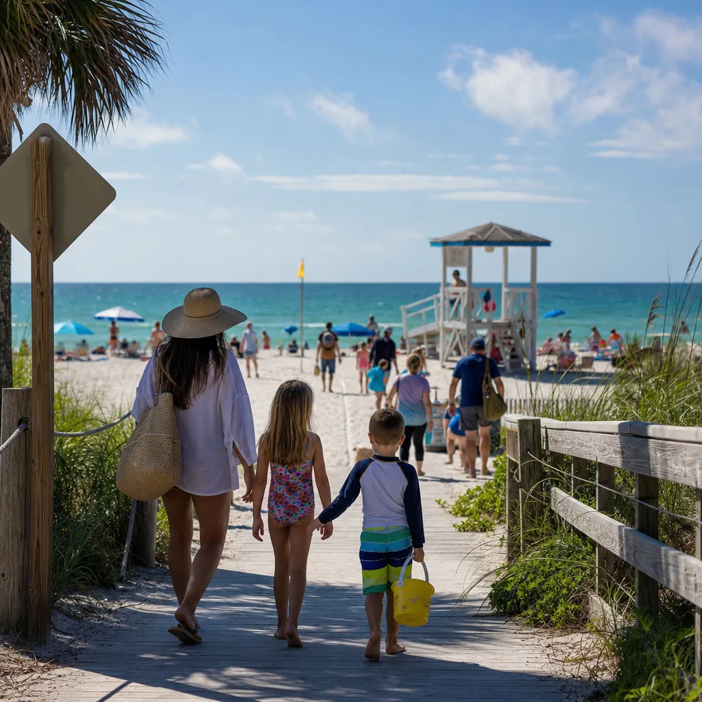 Realistic editorial photo of Florida beach vacation scene showing local county beach rules, bright coastal setting, warm