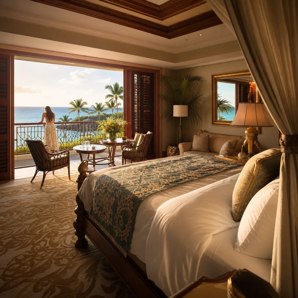 Realistic editorial photo of Hawaii resort scene showing spending the whole budget on the room, tropical beach setting,