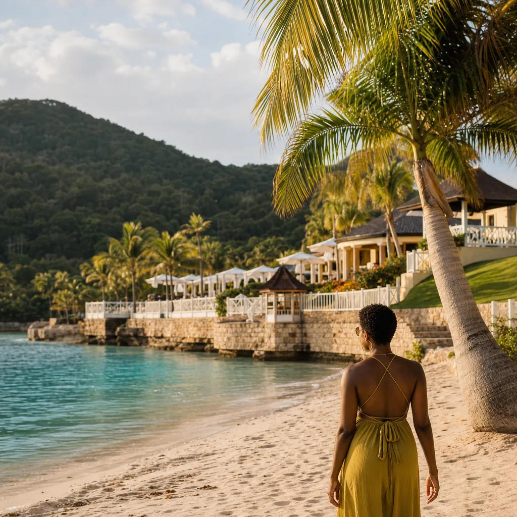 Realistic editorial photo of Jamaica all-inclusive resort scene showing jamaica to feel effortless without planning, bea