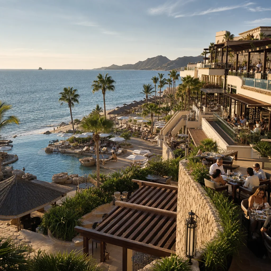 Realistic editorial photo of Mexico resort scene showing resort with too many upcharge restaurants, beach resort setting