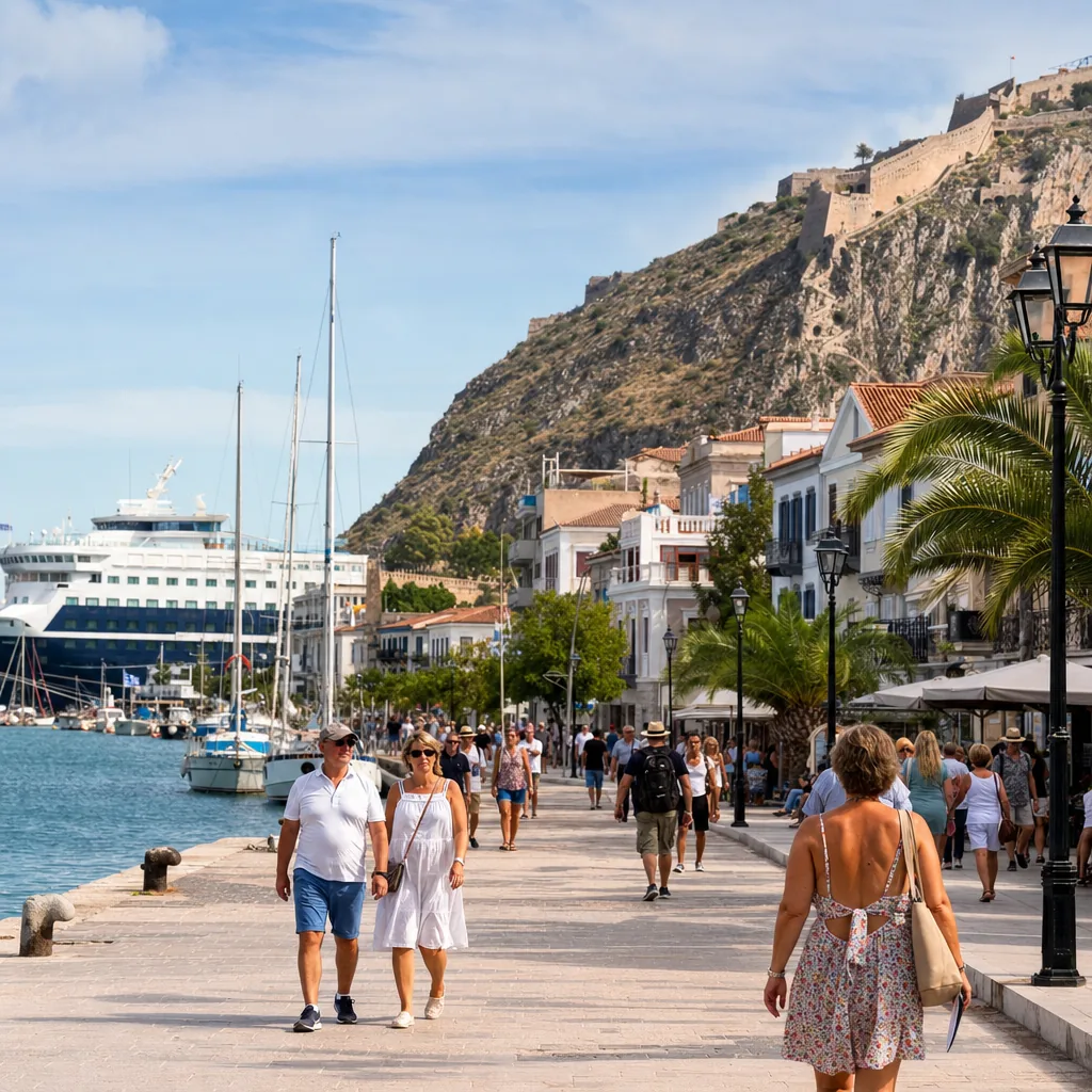 Realistic editorial photo of Nafplio, Greece cruise port waterfront with visitors, local streets, and ship-day energy, w