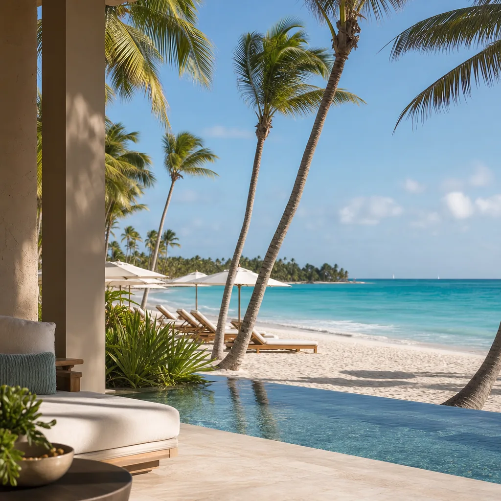 Realistic editorial photo of Punta Cana all-inclusive resort scene showing luxury means quiet, palms and resort beach, w