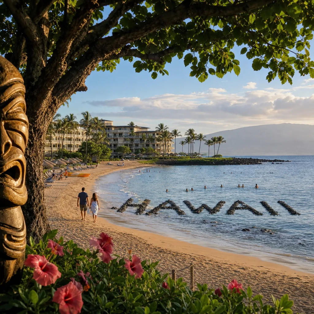 Realistic editorial photo of Hawaii resort scene showing island name hide the actual trip style, tropical beach setting,