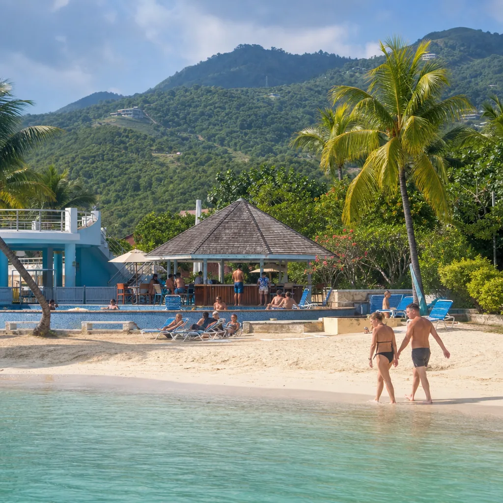 Realistic editorial photo of Jamaica all-inclusive resort scene showing cheap package override recent reviews, beach and