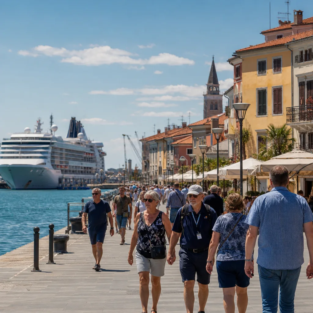 Realistic editorial photo of Koper, Slovenia cruise port waterfront with visitors, local streets, and ship-day energy, w