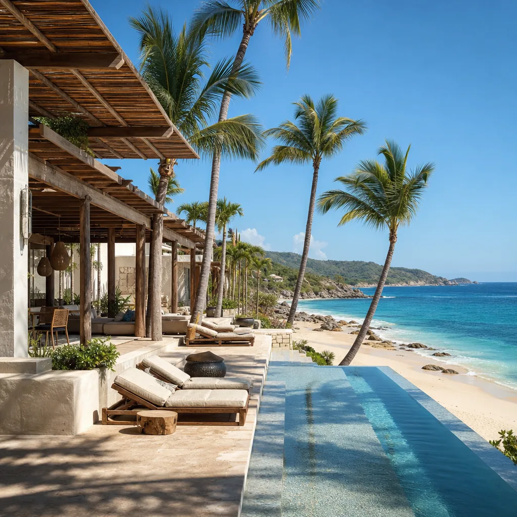 Realistic editorial photo of Mexico resort scene showing remote luxury resort for a first mexico trip, beach resort sett