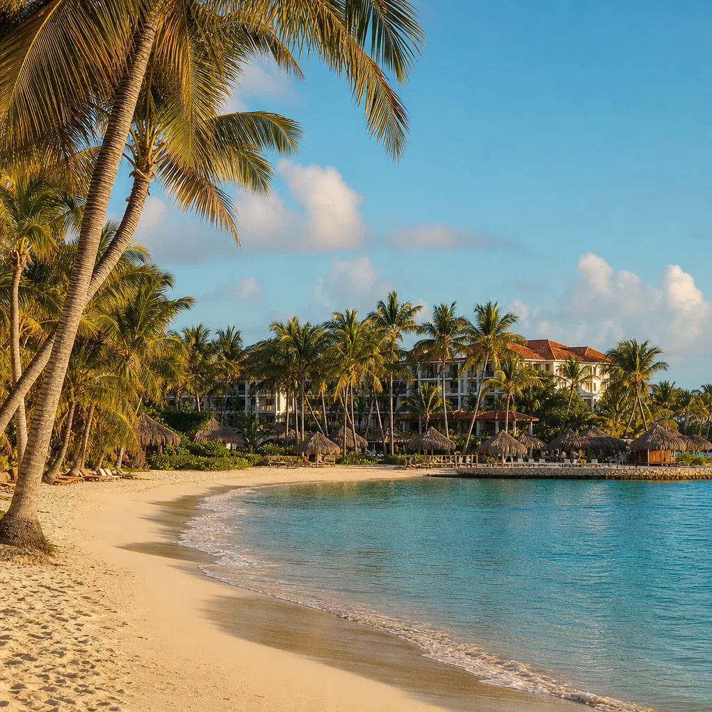 Realistic editorial photo of Punta Cana all-inclusive resort scene showing without checking renovation zones, palms and