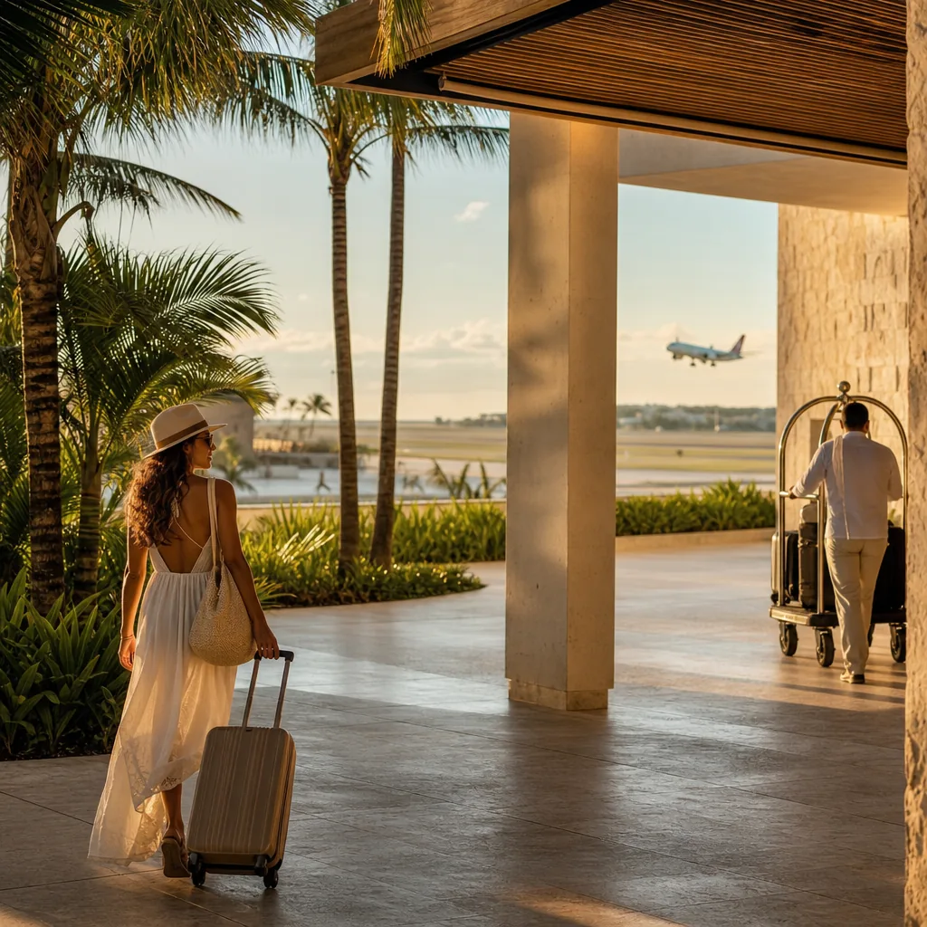 Realistic editorial photo of Mexico resort scene showing airport convenience over actual beach quality, beach resort set
