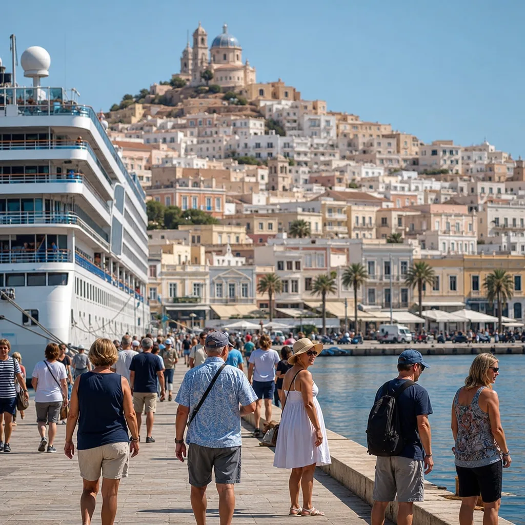 Realistic editorial photo of Syros, Greece cruise port waterfront with visitors, local streets, and ship-day energy, war