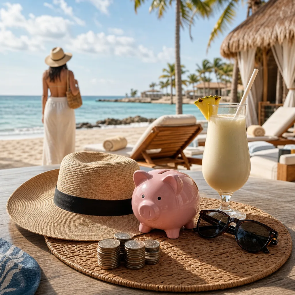 Realistic editorial photo of Mexico resort scene showing starting price instead of the total week cost, beach resort set