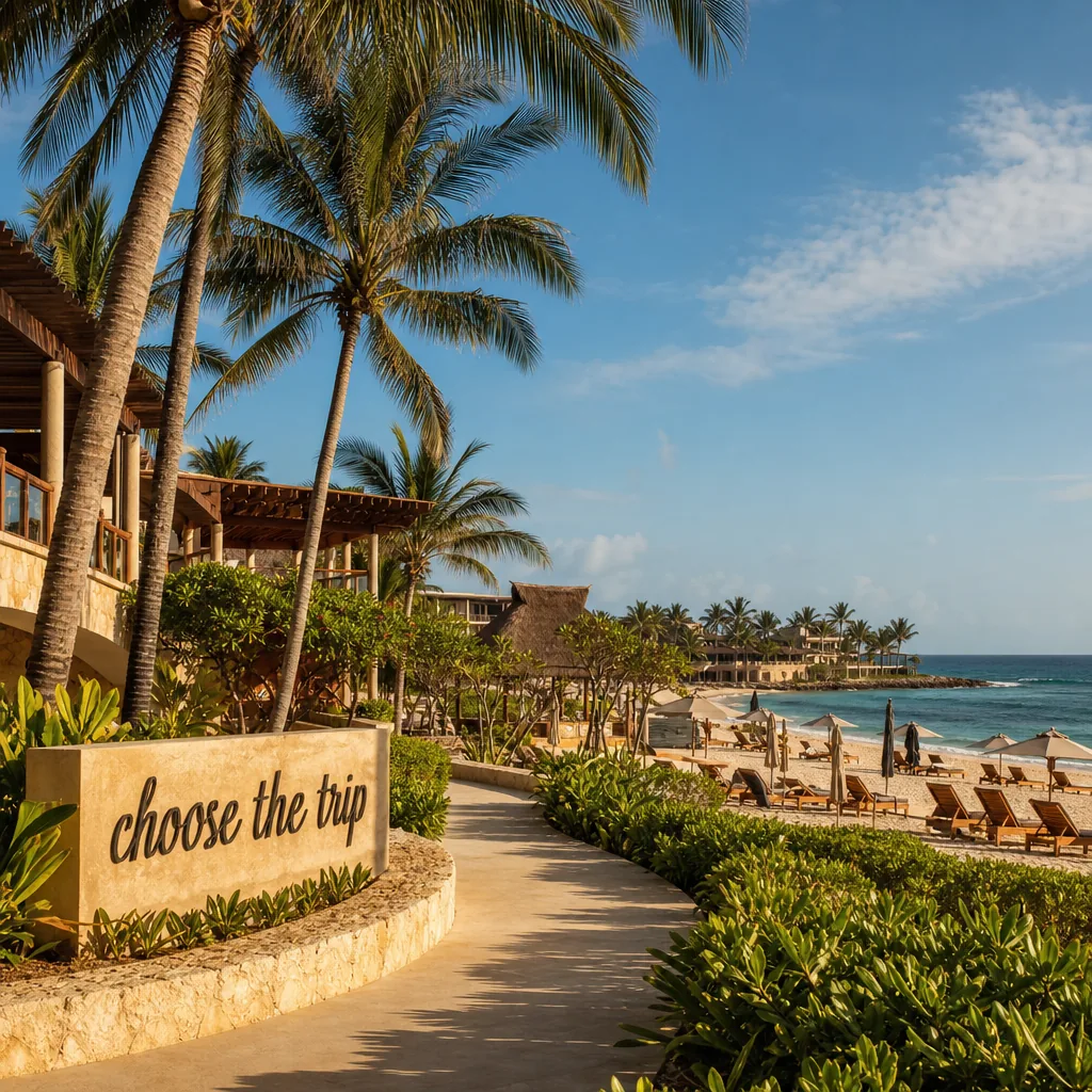 Realistic editorial photo of Mexico resort scene showing resort name choose the trip, beach resort setting, warm natural