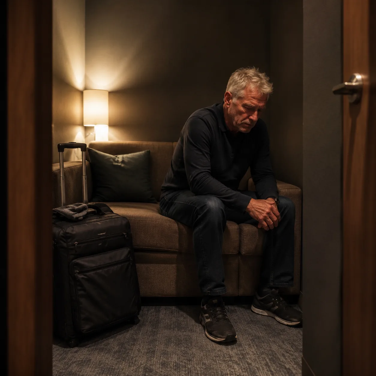 Compact airport nap room with a small sofa, travel bag, dim lamp, and tired older traveler sitting on the edge of the co