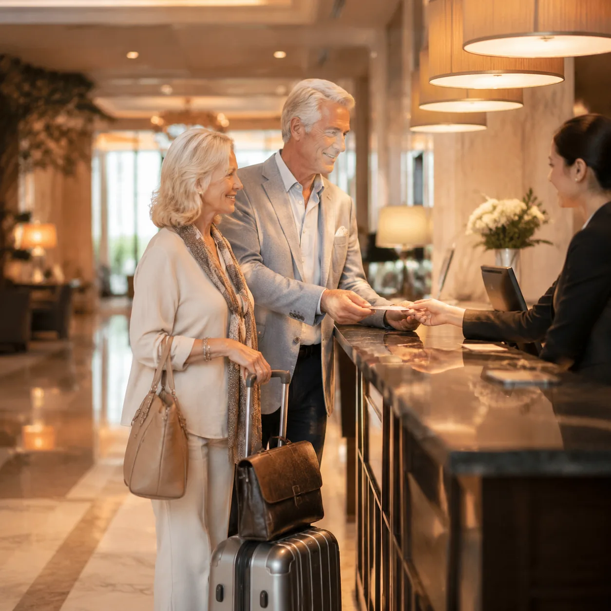 Elegant modern hotel lobby with warm lighting, a well-dressed older American couple checking in smoothly at a calm front