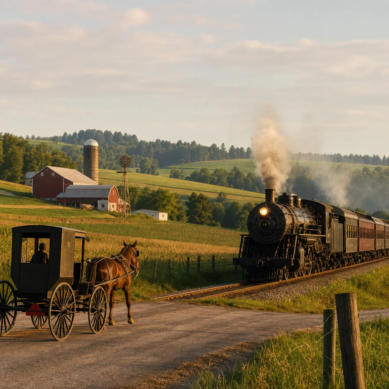 Realistic editorial photo of a historic steam train passing Amish farmland in Lancaster County Pennsylvania with rolling