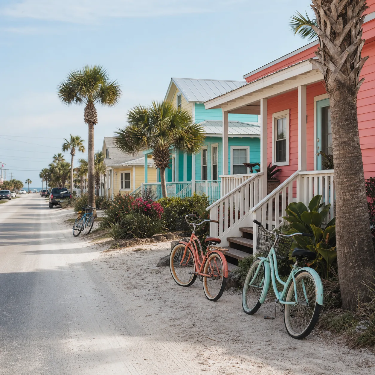 Realistic editorial photo of a relaxed Texas Gulf Coast beach town street near Port Aransas with pastel cottages, sandy 