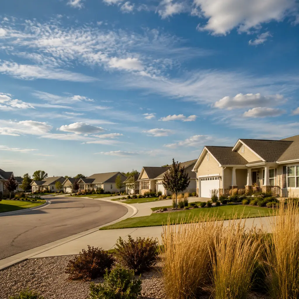 Realistic editorial photo of a sprawling midwestern 55 plus community with single-story ranch homes, wide curving street